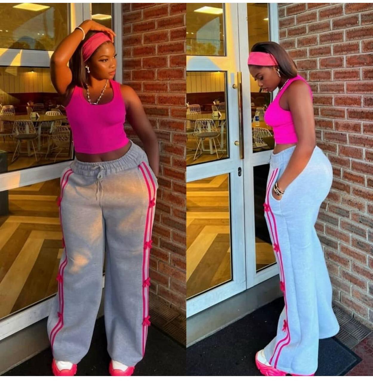 Hot Pink Crop Top and Bow Stripe Wide Leg Jogger Set, Trendy Casual Chic Two Piece Outfit for Women, Comfortable High Waist Pants, Stylish Athleisure Look for Streetwear, Lounge or Day Out