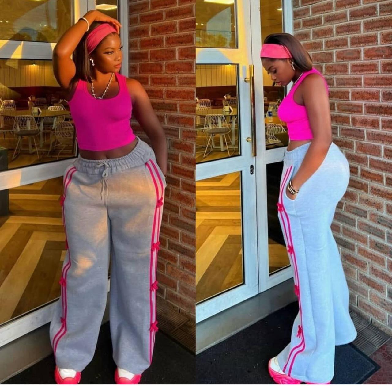 Hot Pink Crop Top and Bow Stripe Wide Leg Jogger Set, Trendy Casual Chic Two Piece Outfit for Women, Comfortable High Waist Pants, Stylish Athleisure Look for Streetwear, Lounge or Day Out