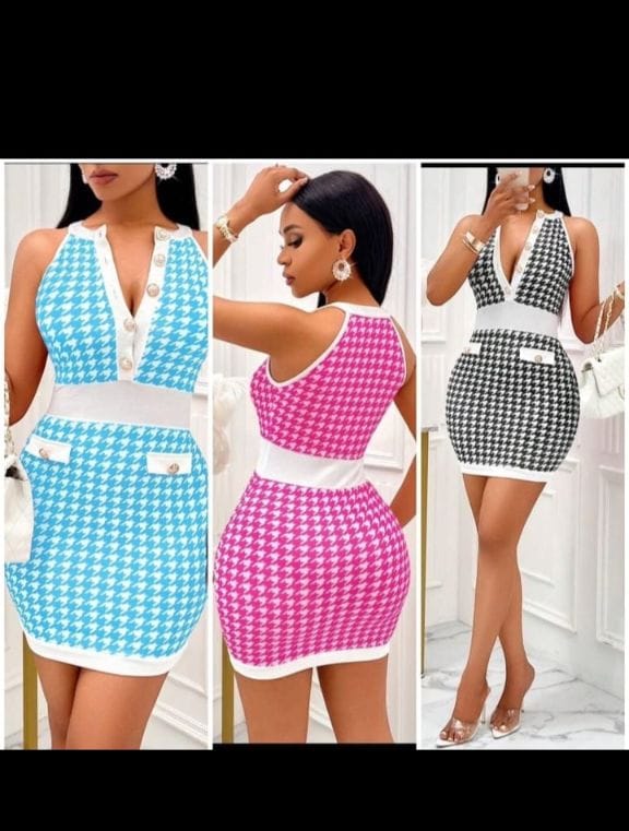 Elegant Houndstooth Bodycon Mini Dress for Women, Sleeveless V-Neck Button Detail, High Waist Slim Fit Stretchy Fabric, Chic Party Cocktail Office Evening Dress Available in Multiple