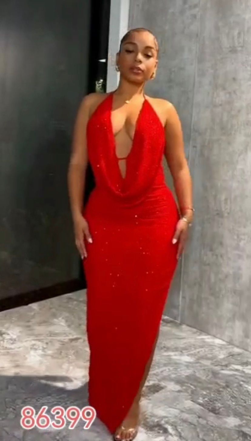 Luxury Red Sequin Halter Maxi Dress for Women, Deep V Plunge Neck, Open Back Bodycon Evening Gown, Elegant Party Nightwear, Glamorous Formal Cocktail Dress with Sparkle Finish