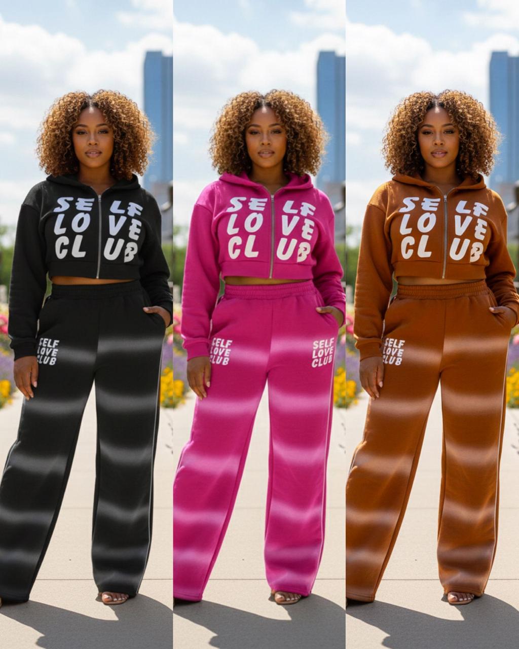 Women’s Self Love Club Two-Piece Tracksuit Set – Cropped Zip-Up Hoodie and High-Waist Wide-Leg Sweatpants, Soft Fleece Loungewear Outfit, Cozy Casual Streetwear Set for Everyday Comfort and Style