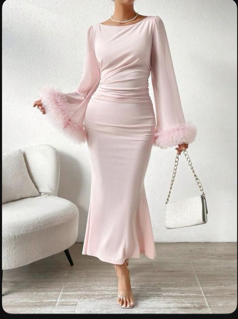 Elegant Women’s Bodycon Maxi Dress – Long Sleeve Ruched Waist Evening Gown with Flared Feather Cuff Sleeves, Slim Fit Stretch Fabric, Party, Wedding, Dinner & Formal Occasion Dress