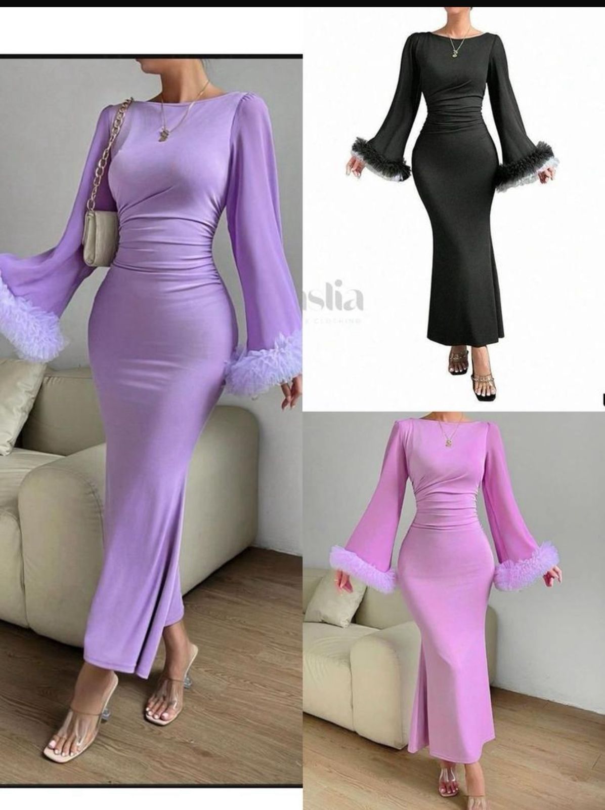 Elegant Women’s Bodycon Maxi Dress – Long Sleeve Ruched Waist Evening Gown with Flared Feather Cuff Sleeves, Slim Fit Stretch Fabric, Party, Wedding, Dinner & Formal Occasion Dress