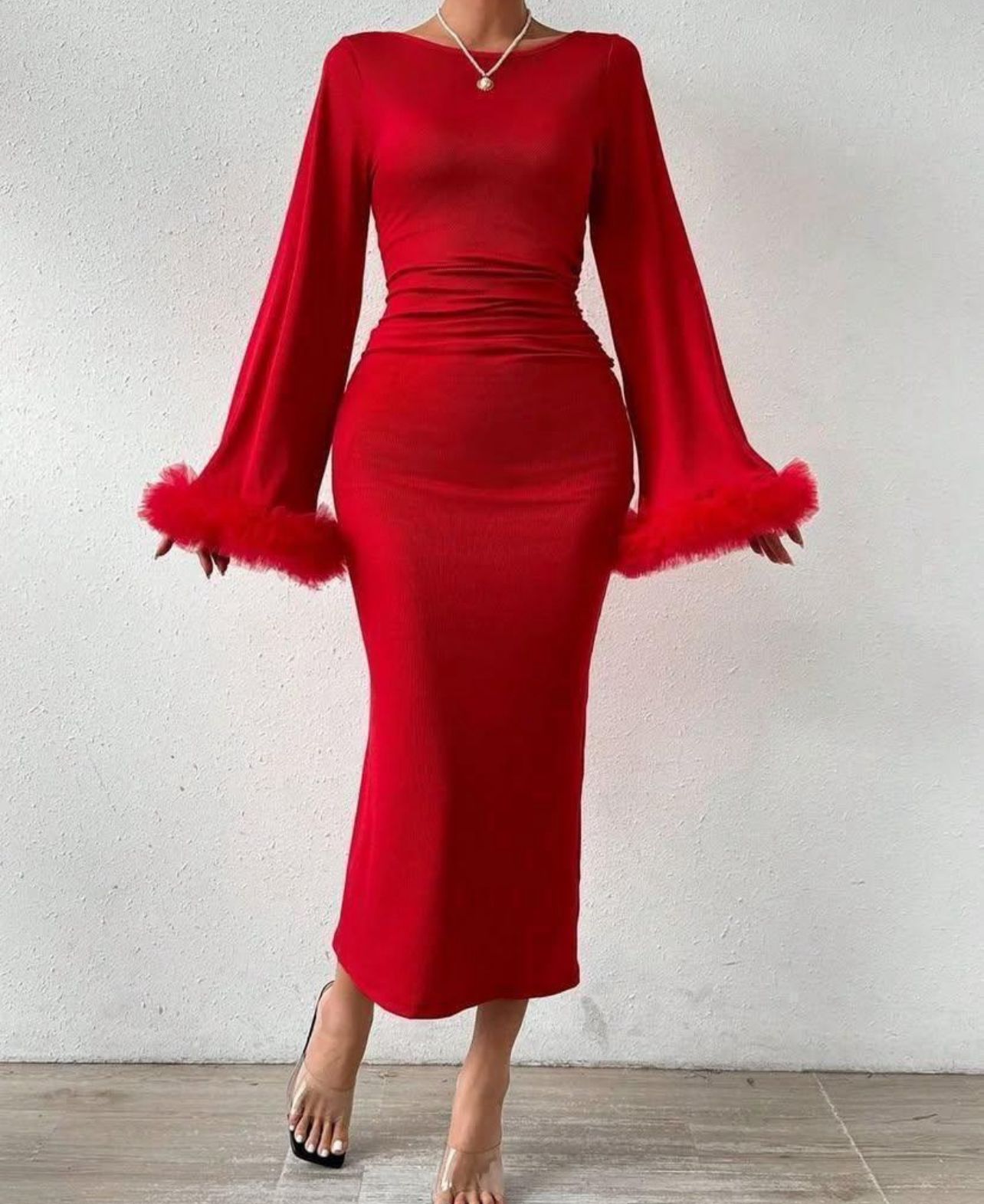 Elegant Women’s Bodycon Maxi Dress – Long Sleeve Ruched Waist Evening Gown with Flared Feather Cuff Sleeves, Slim Fit Stretch Fabric, Party, Wedding, Dinner & Formal Occasion Dress