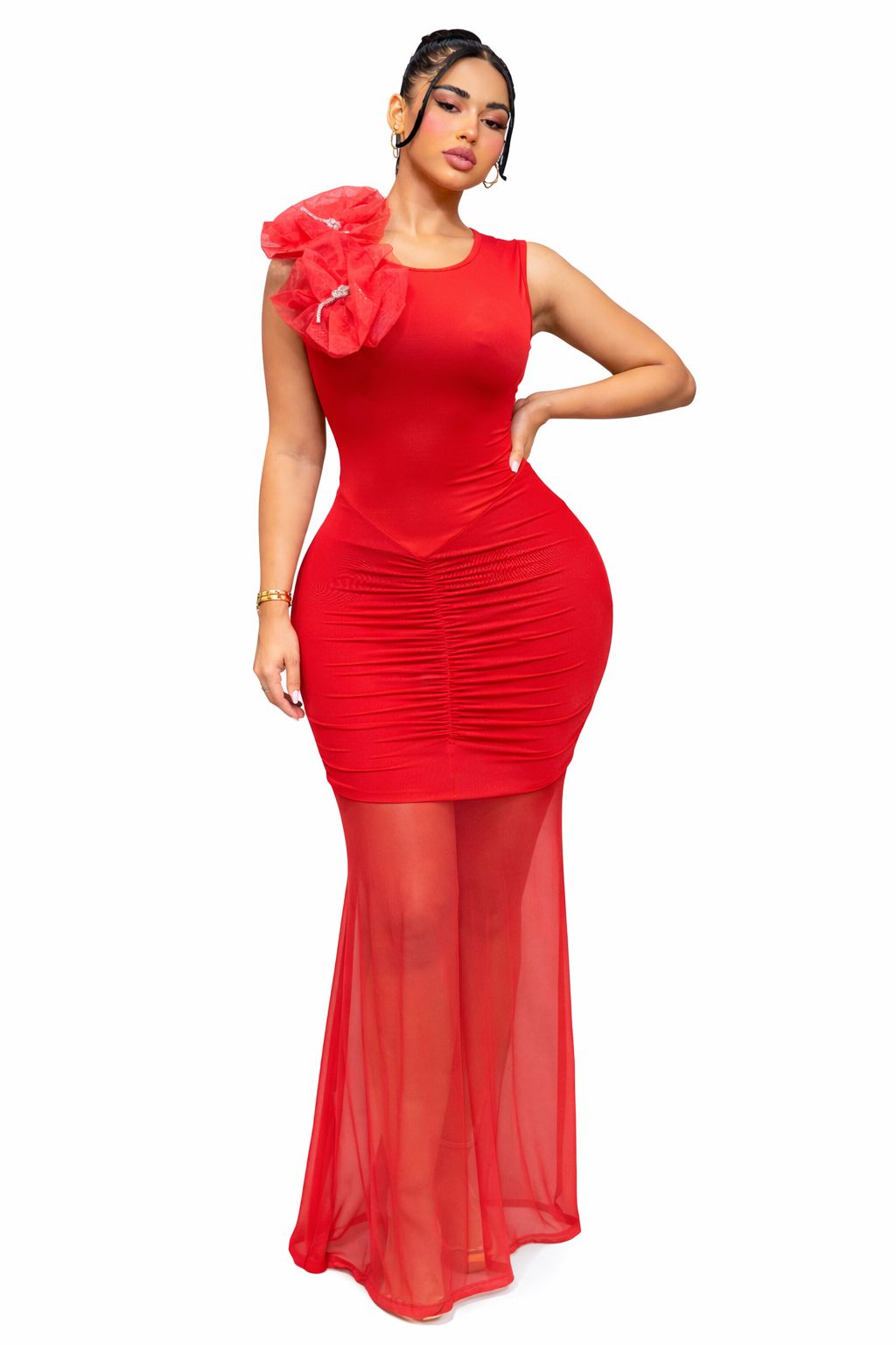 Elegant Floral Mesh Evening Gown for Women – Sleeveless Bodycon Maxi Dress with 3D Flower Shoulder Detail, Ruched Waist Design, Soft Stretch Fabric, Perfect for Parties, Weddings, Dinners, and Special