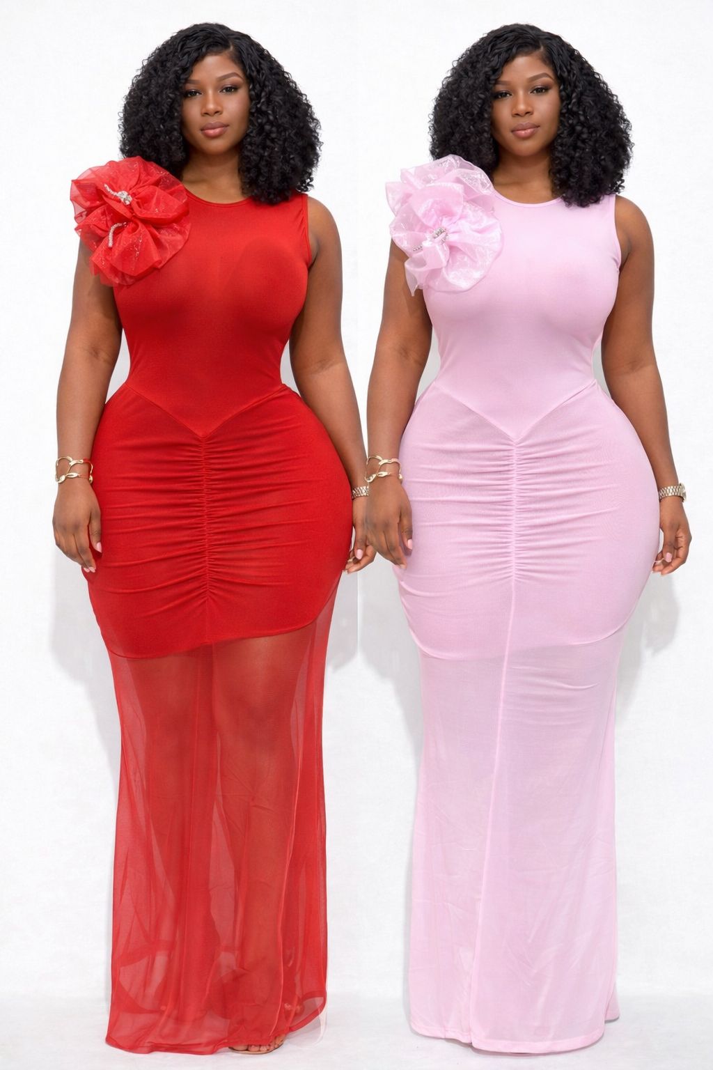 Elegant Floral Mesh Evening Gown for Women – Sleeveless Bodycon Maxi Dress with 3D Flower Shoulder Detail, Ruched Waist Design, Soft Stretch Fabric, Perfect for Parties, Weddings, Dinners, and Special