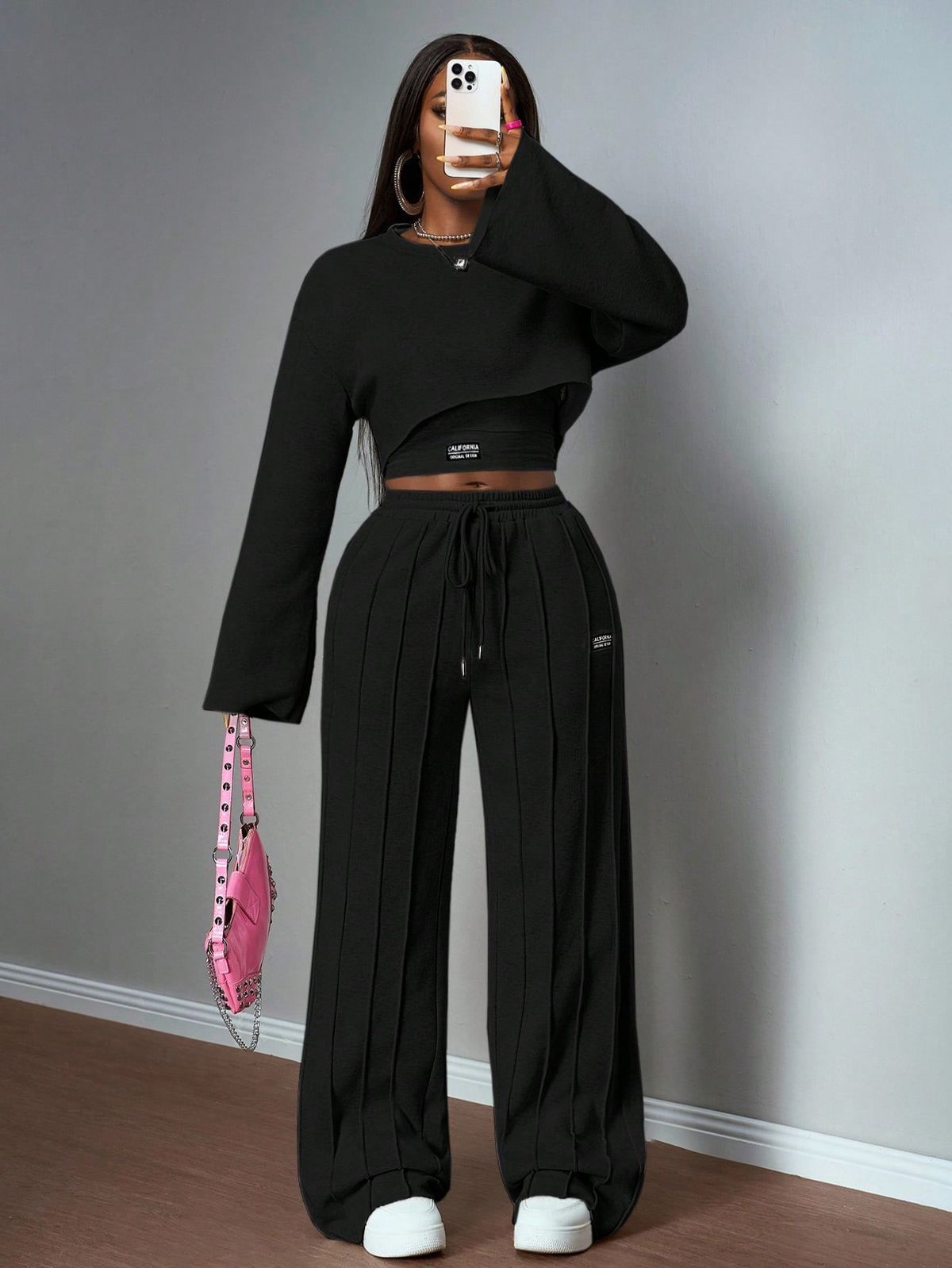 Women’s 2 Piece Lounge Set Casual Crop Top and High Waist Wide Leg Pants Outfit Long Sleeve Fashion Tracksuit Soft Comfortable Streetwear Matching Set for Daily Wear Travel Workout Stylish Outfit