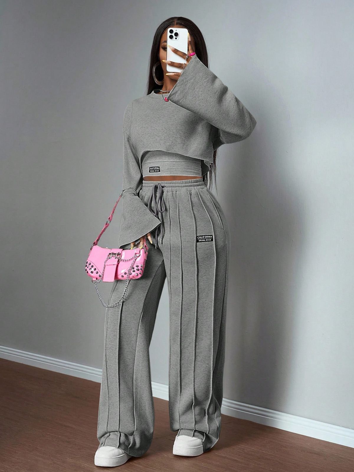 Women’s 2 Piece Lounge Set Casual Crop Top and High Waist Wide Leg Pants Outfit Long Sleeve Fashion Tracksuit Soft Comfortable Streetwear Matching Set for Daily Wear Travel Workout Stylish Outfit