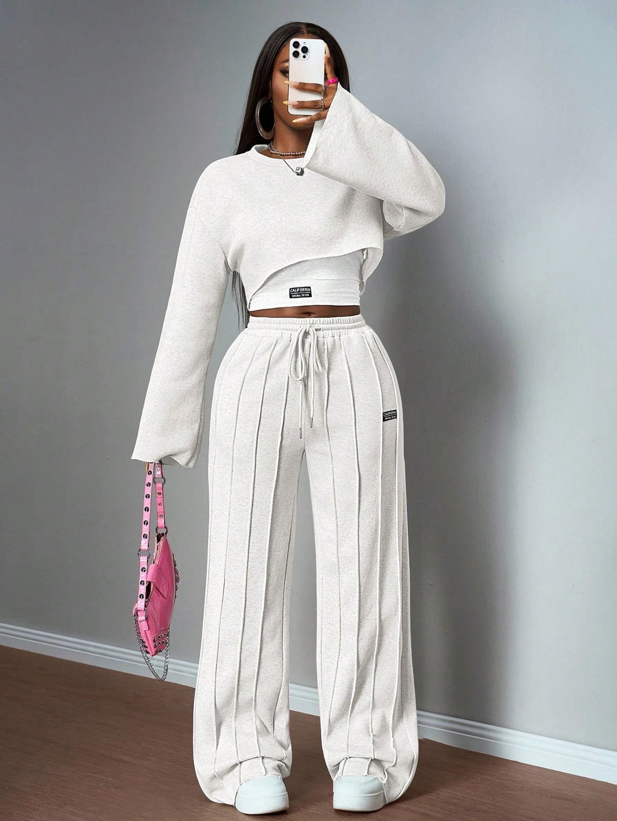 Women’s 2 Piece Lounge Set Casual Crop Top and High Waist Wide Leg Pants Outfit Long Sleeve Fashion Tracksuit Soft Comfortable Streetwear Matching Set for Daily Wear Travel Workout Stylish Outfit