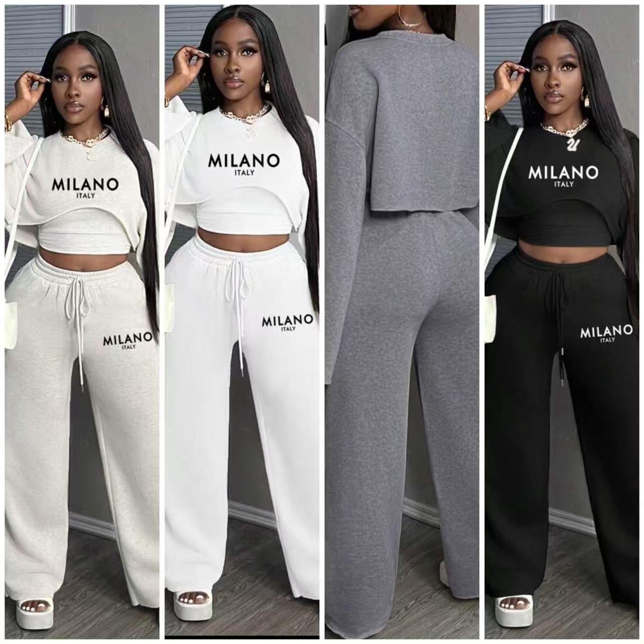 Women Milano Italy 2 Piece Lounge Set Long Sleeve Crop Top and High Waist Wide Leg Pants Fashion Casual Tracksuit Comfortable Streetwear Matching Outfit for Travel, Daily Wear, Party and Relaxed Style