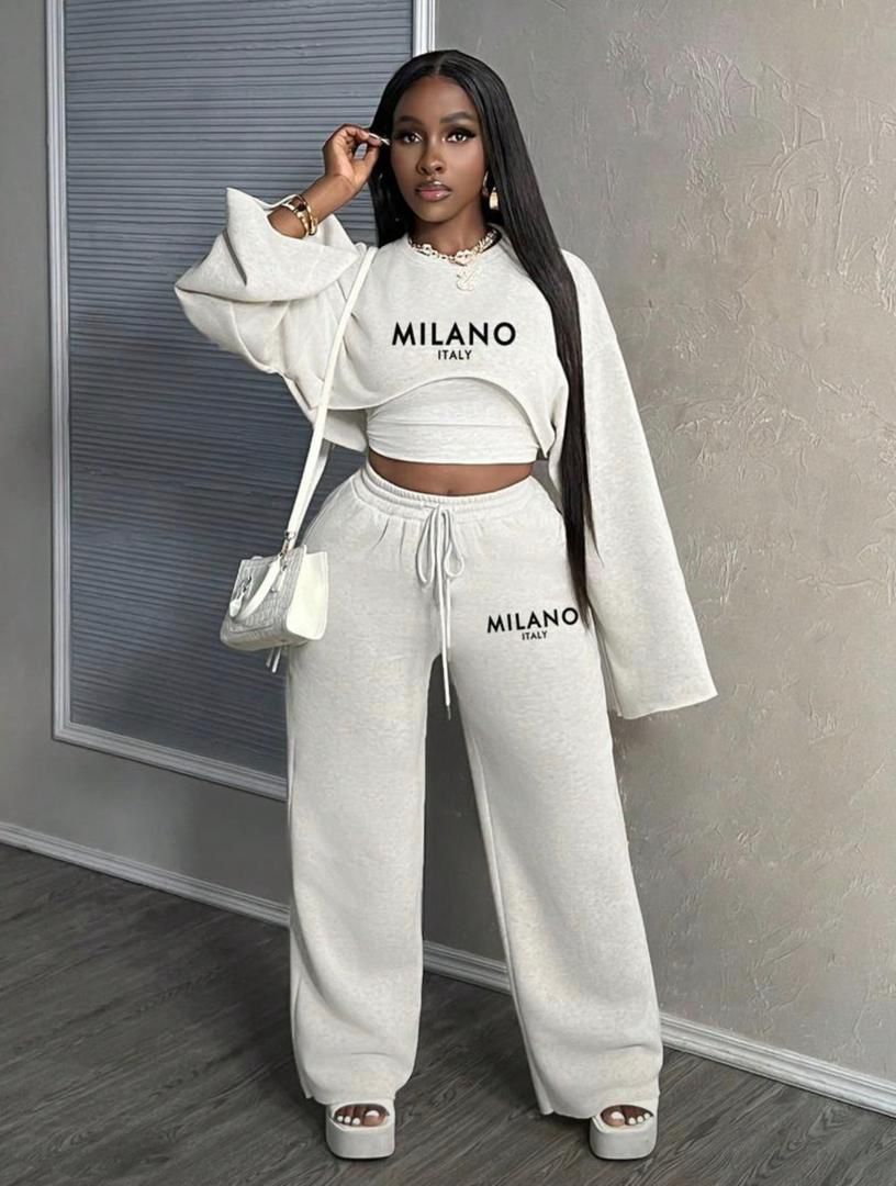 Women Milano Italy 2 Piece Lounge Set Long Sleeve Crop Top and High Waist Wide Leg Pants Fashion Casual Tracksuit Comfortable Streetwear Matching Outfit for Travel, Daily Wear, Party and Relaxed Style