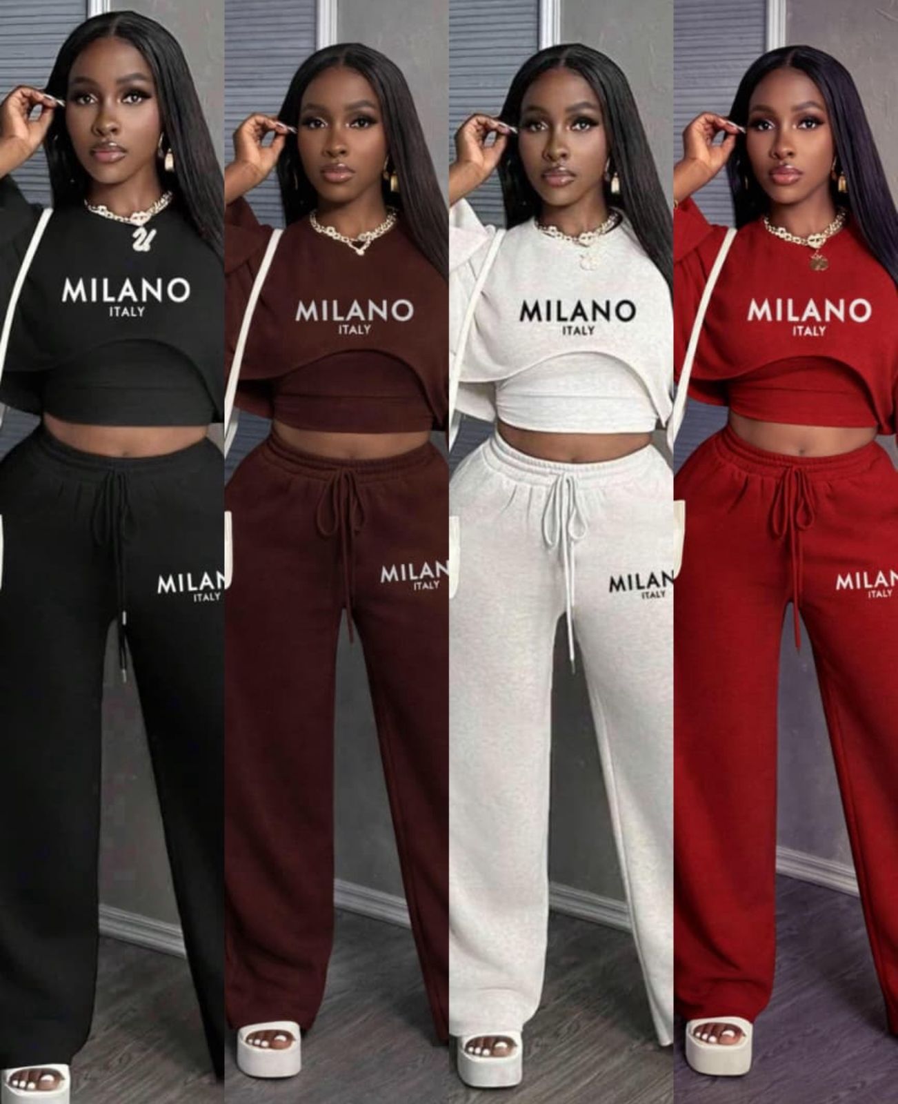 Women Milano Italy 2 Piece Lounge Set Long Sleeve Crop Top and High Waist Wide Leg Pants Fashion Casual Tracksuit Comfortable Streetwear Matching Outfit for Travel, Daily Wear, Party and Relaxed Style
