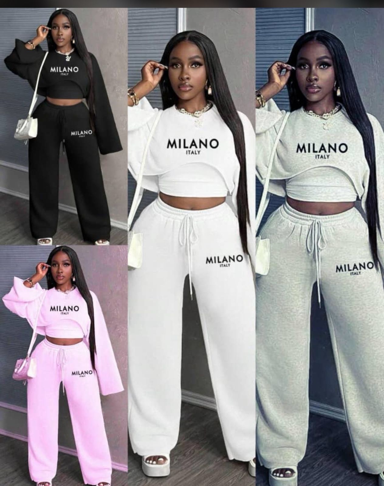 Women Milano Italy 2 Piece Lounge Set Long Sleeve Crop Top and High Waist Wide Leg Pants Fashion Casual Tracksuit Comfortable Streetwear Matching Outfit for Travel, Daily Wear, Party and Relaxed Style