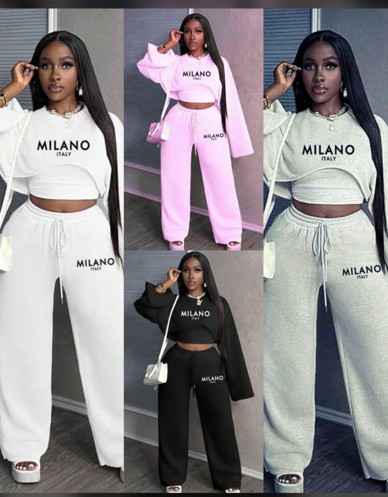 Women Milano Italy 2 Piece Lounge Set Long Sleeve Crop Top and High Waist Wide Leg Pants Fashion Casual Tracksuit Comfortable Streetwear Matching Outfit for Travel, Daily Wear, Party and Relaxed Style