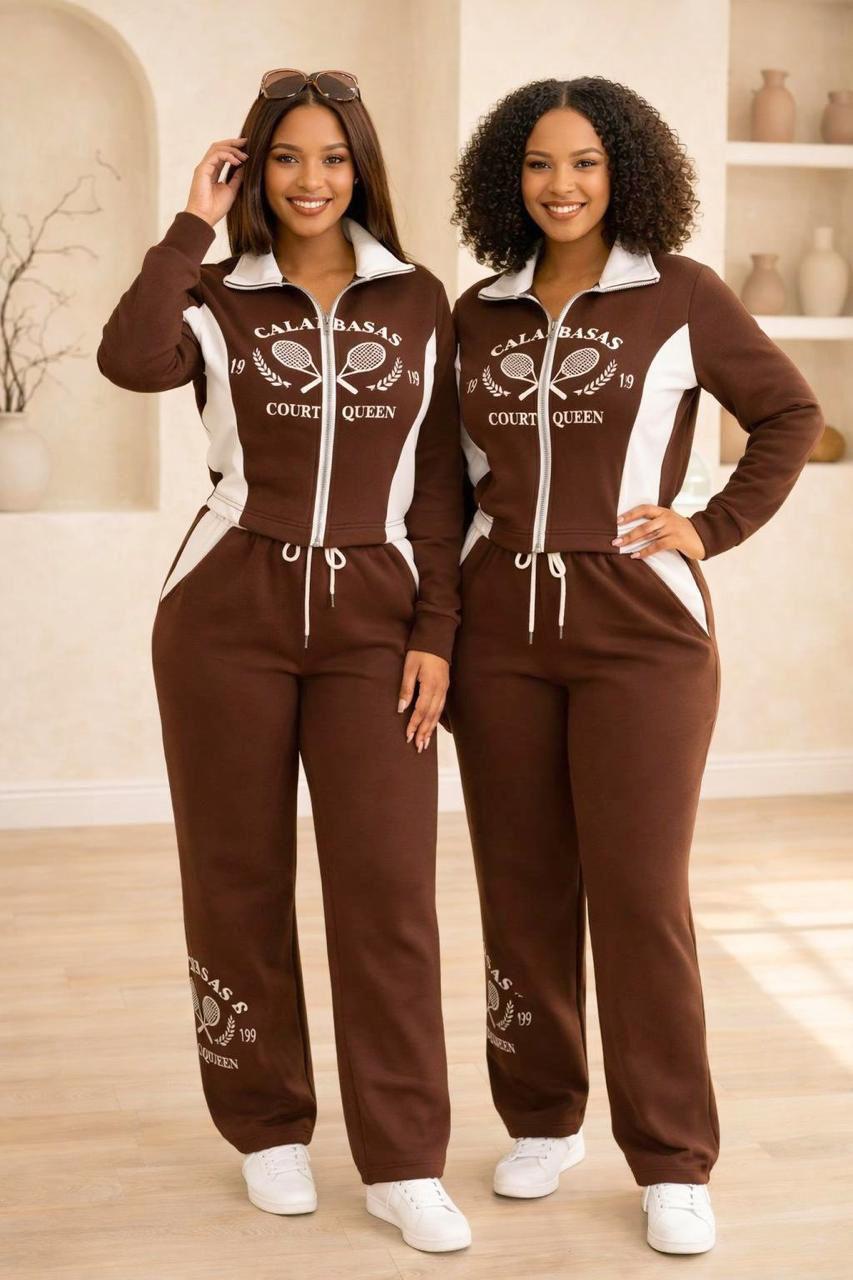 Women’s 2 Piece Casual Tracksuit Set – Calabasas Court Queen Printed Zip Up Jacket & High Waist Drawstring Sweatpants Outfit – Comfortable Sporty Lounge Set for Women Streetwear Jogger Suit (Brown, Bl