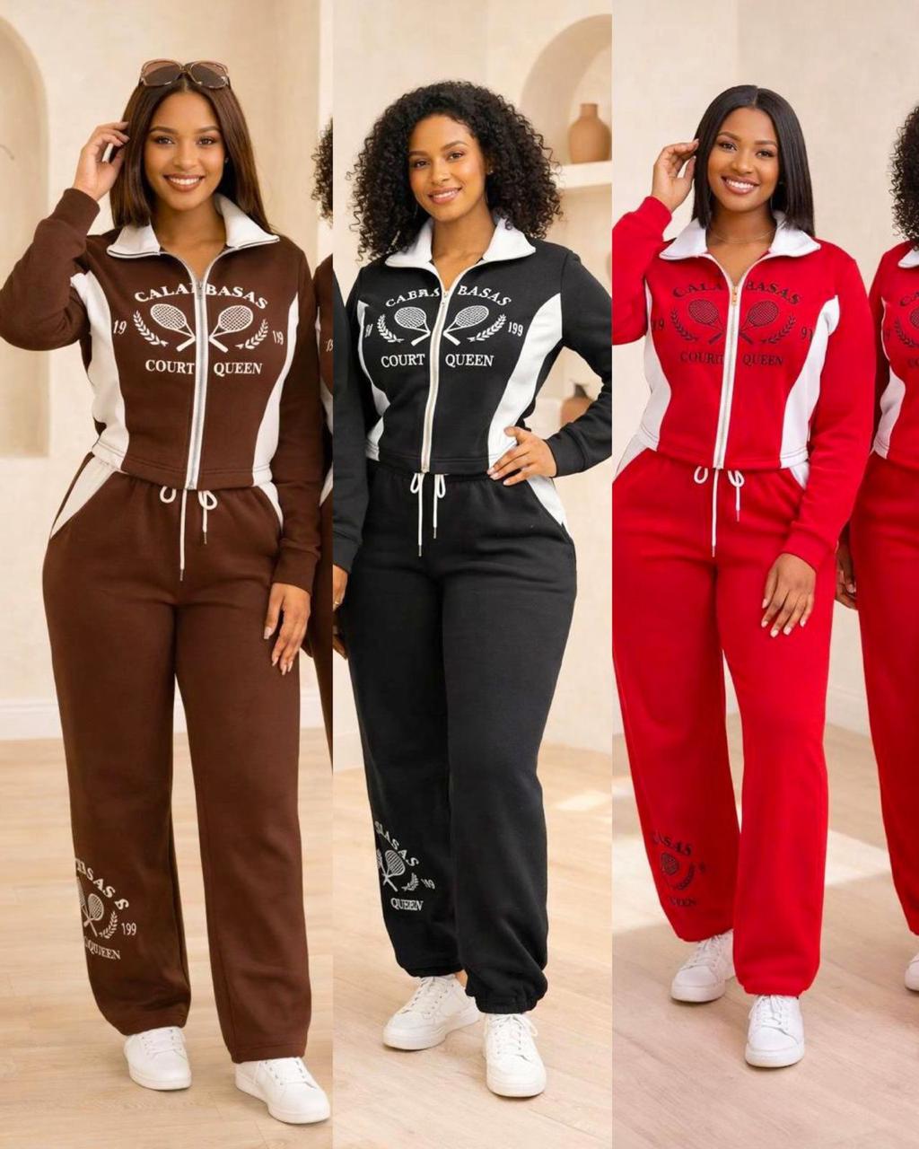 Women’s 2 Piece Casual Tracksuit Set – Calabasas Court Queen Printed Zip Up Jacket & High Waist Drawstring Sweatpants Outfit – Comfortable Sporty Lounge Set for Women Streetwear Jogger Suit (Brown, Bl