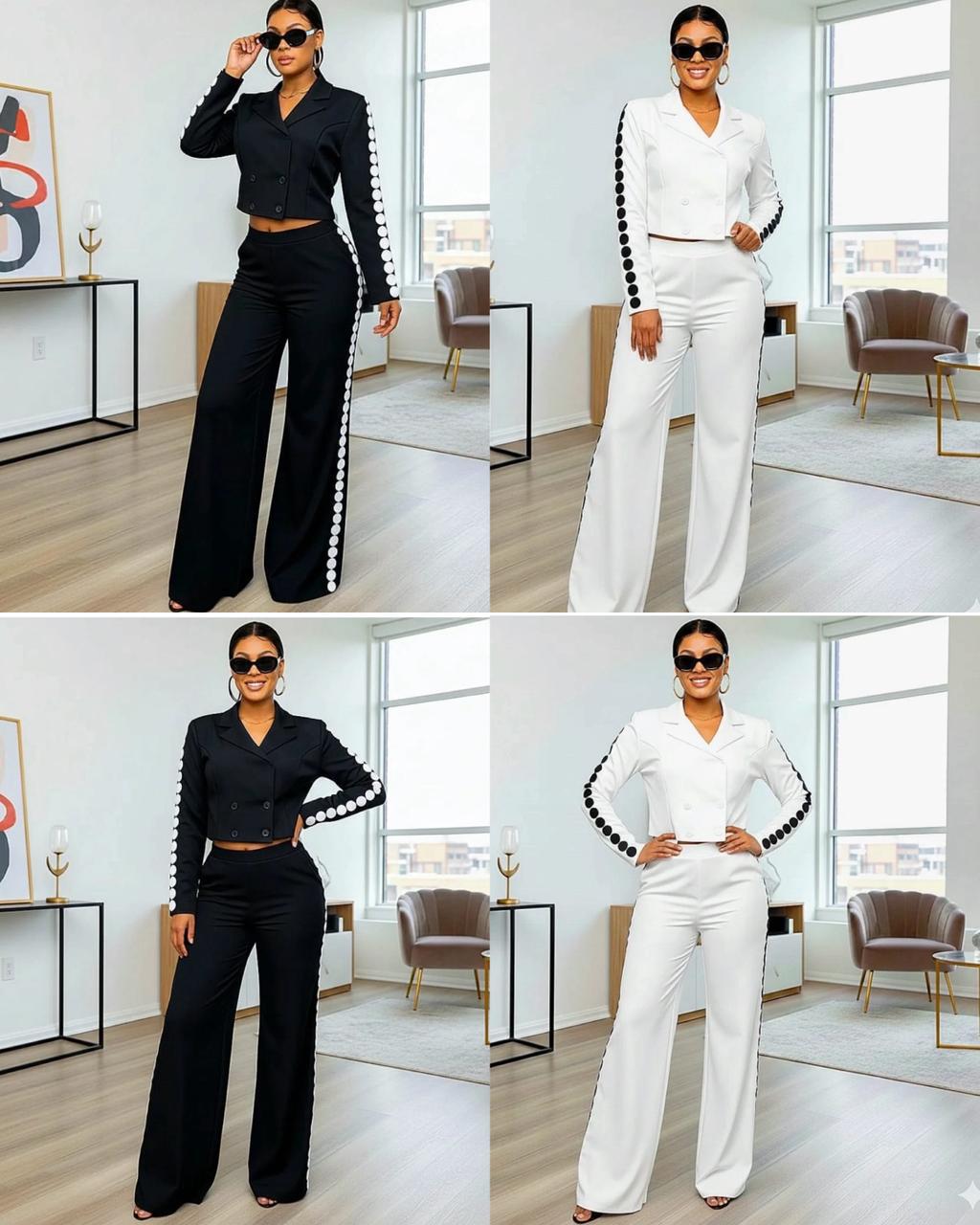 Elegant Women’s Two-Piece Blazer Set – Fashionable Cropped Double-Breasted Jacket with High Waist Wide-Leg Pants, Luxury Modern Office & Party Outfit, Stylish Black and White Matching Set for Confiden