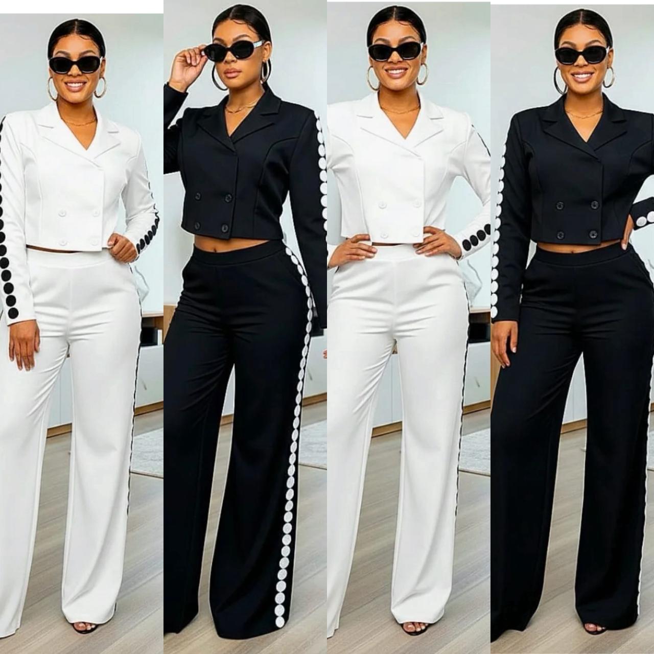 Elegant Women’s Two-Piece Blazer Set – Fashionable Cropped Double-Breasted Jacket with High Waist Wide-Leg Pants, Luxury Modern Office & Party Outfit, Stylish Black and White Matching Set for Confiden