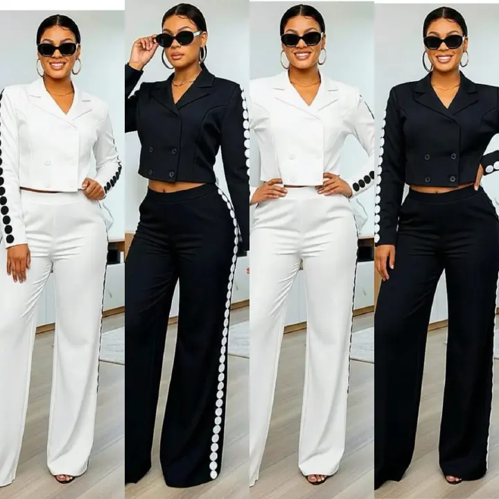 Elegant Women’s Two-Piece Blazer Set – Fashionable Cropped Double-Breasted Jacket with High Waist Wide-Leg Pants, Luxury Modern Office & Party Outfit, Stylish Black and White Matching Set for Confiden