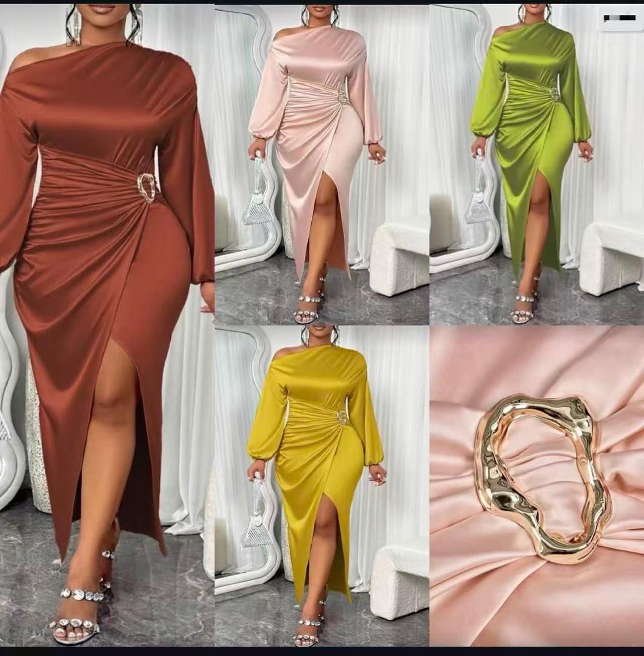 Elegant Satin Draped Midi Dress for Women – One Shoulder Long Sleeve Bodycon Party Dress with Side Ruched Detail, Metal Buckle Accent, High Slit Evening Gown for Wedding, Dinner, and Special Occasions