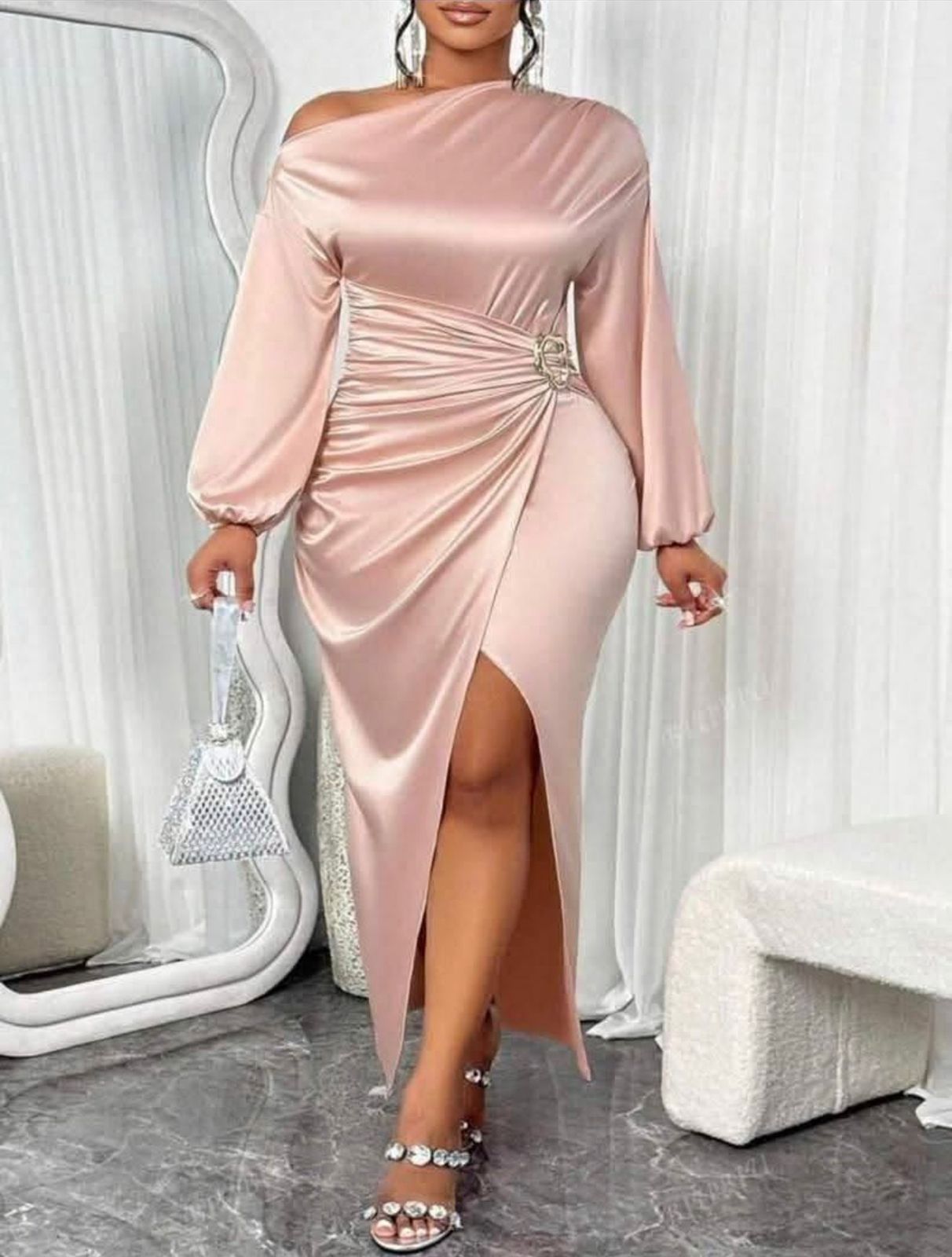 Elegant Satin Draped Midi Dress for Women – One Shoulder Long Sleeve Bodycon Party Dress with Side Ruched Detail, Metal Buckle Accent, High Slit Evening Gown for Wedding, Dinner, and Special Occasions
