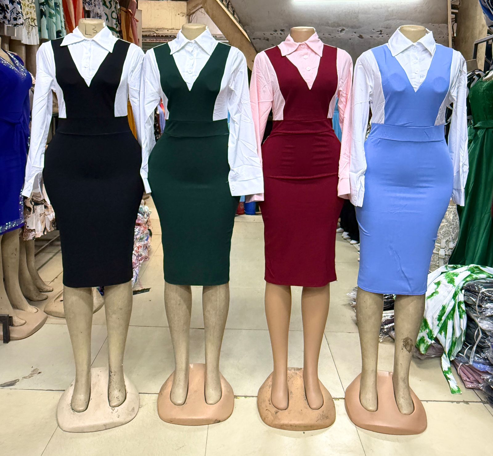 Women’s Office Pencil Dress with Shirt – Elegant Two Piece Bodycon Midi Dress Set, Long Sleeve Button Down Blouse & Sleeveless V-Neck Work Dress for Business, Formal, Church & Smart Casual Wear