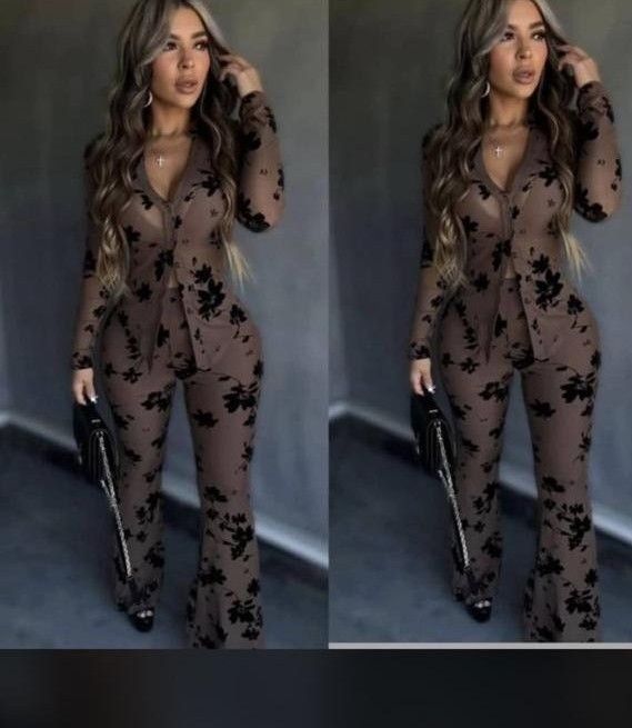 Women’s Sheer Mesh Floral Two Piece Set – Sexy Long Sleeve Tie Front Top & High Waist Pants Outfit, Bodycon See Through Matching Set for Party, Clubwear, Birthday & Night Out Looks