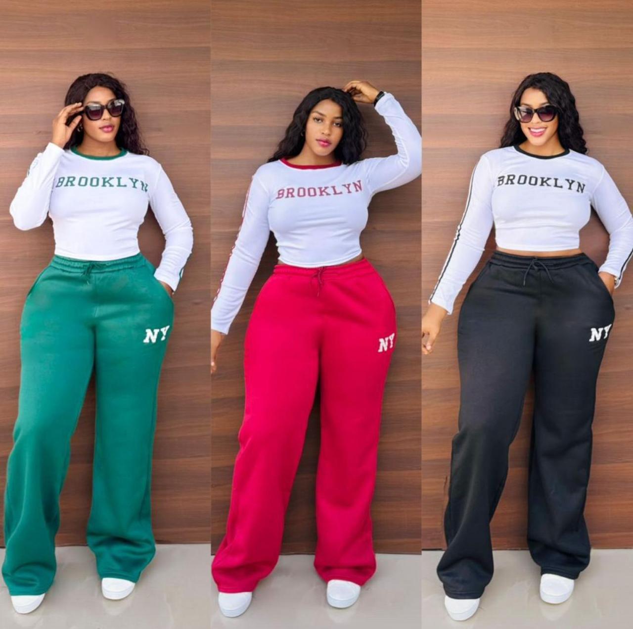 Brooklyn NY Stylish Two Piece Lounge Set for Women Long Sleeve Fitted Top with Letter Print and High Waist Wide Leg Sweatpants Comfortable Streetwear Casual Outfit Perfect for Everyday Fashion and Tra