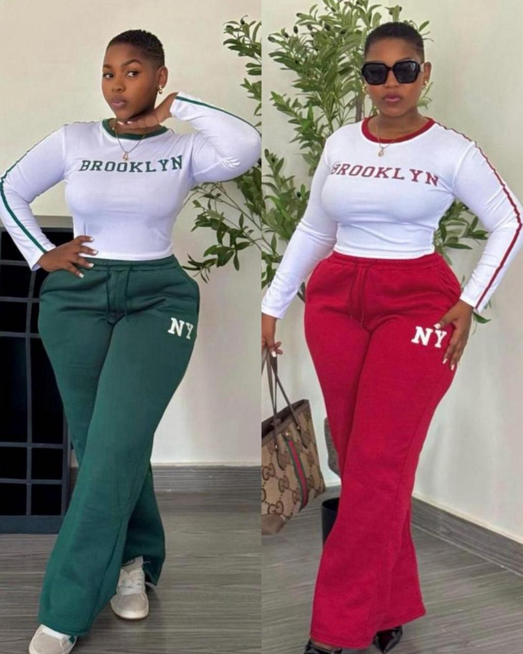 Brooklyn NY Stylish Two Piece Lounge Set for Women Long Sleeve Fitted Top with Letter Print and High Waist Wide Leg Sweatpants Comfortable Streetwear Casual Outfit Perfect for Everyday Fashion and Tra