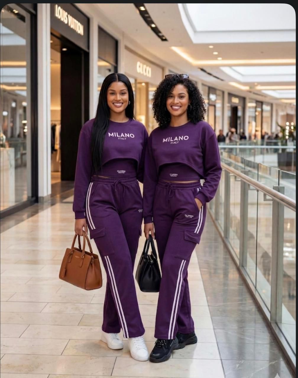 Milano Luxe Women’s Two-Piece Tracksuit Set – Premium Crop Sweatshirt & High-Waist Jogger Pants Matching Outfit | Casual Chic Streetwear Lounge Set in Purple, Pink, White & Black