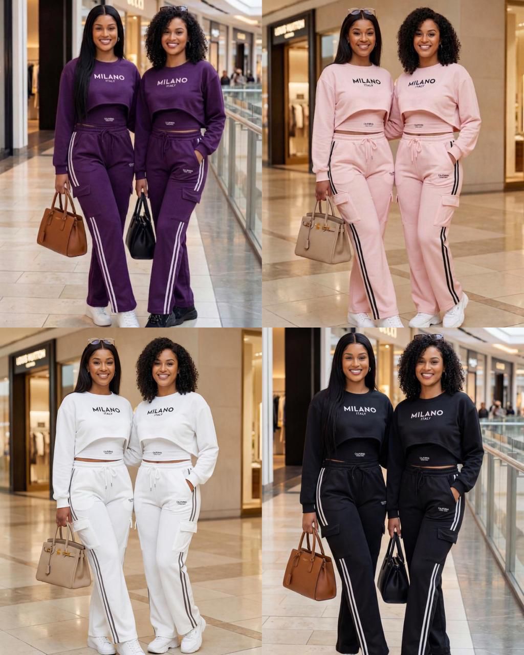 Milano Luxe Women’s Two-Piece Tracksuit Set – Premium Crop Sweatshirt & High-Waist Jogger Pants Matching Outfit | Casual Chic Streetwear Lounge Set in Purple, Pink, White & Black