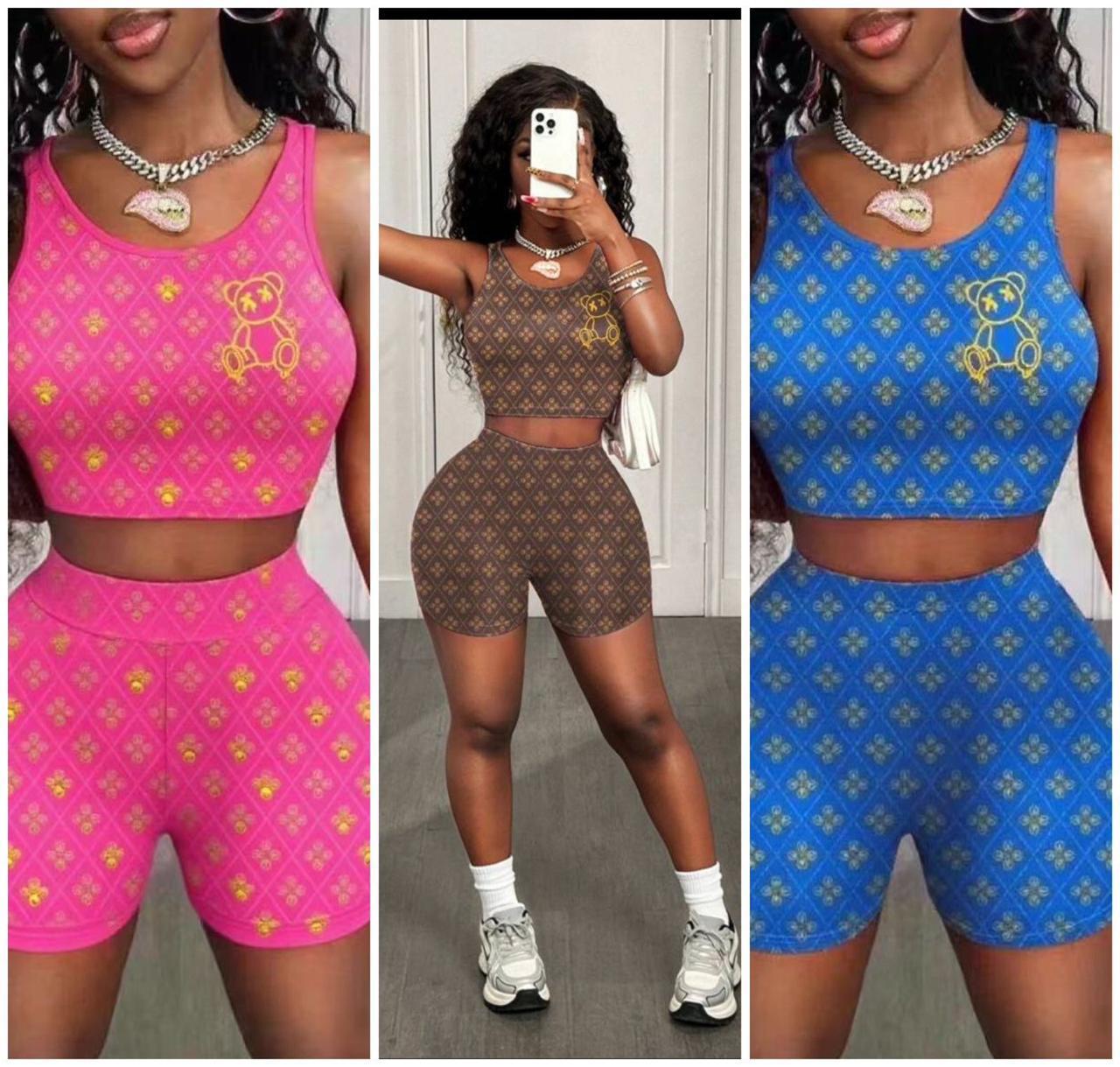 Luxury Teddy Monogram Active Set – Stylish Women’s 2 Piece Crop Tank Top & High Waist Biker Shorts Outfit, Trendy Bodycon Fit, Soft Stretch Fabric, Casual Streetwear Gym Set, Chic Summer Sportswear in