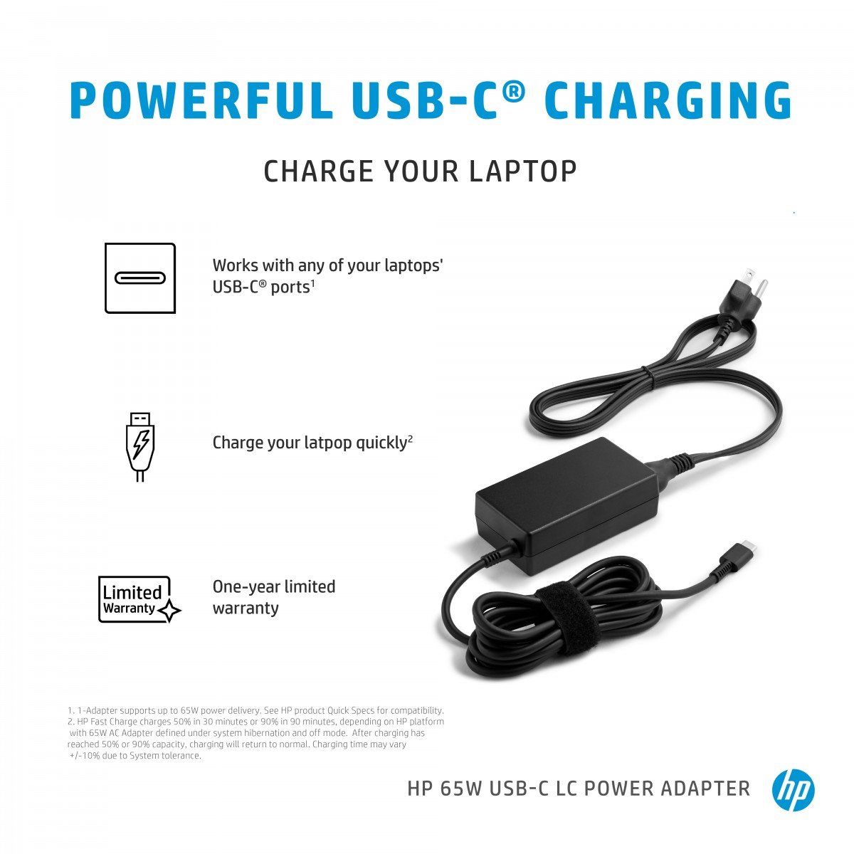 HP 65W USB Type-C AC Adapter Laptop Charger – Fast Charging Power Supply for HP Laptops and Ultrabooks – Compatible with USB-C Devices – Durable, Compact Design with Safety Features