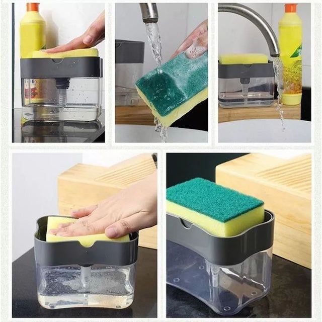 2-in-1 Kitchen Soap Dispenser with Built-in Soap Pump and Sponge Holder – Space-Saving Sink Caddy for Dishwashing Liquid, Soap, and Scrubber Organization