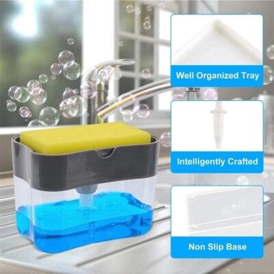 2-in-1 Kitchen Soap Dispenser with Built-in Soap Pump and Sponge Holder – Space-Saving Sink Caddy for Dishwashing Liquid, Soap, and Scrubber Organization