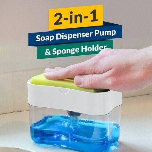 2-in-1 Kitchen Soap Dispenser with Built-in Soap Pump and Sponge Holder – Space-Saving Sink Caddy for Dishwashing Liquid, Soap, and Scrubber Organization