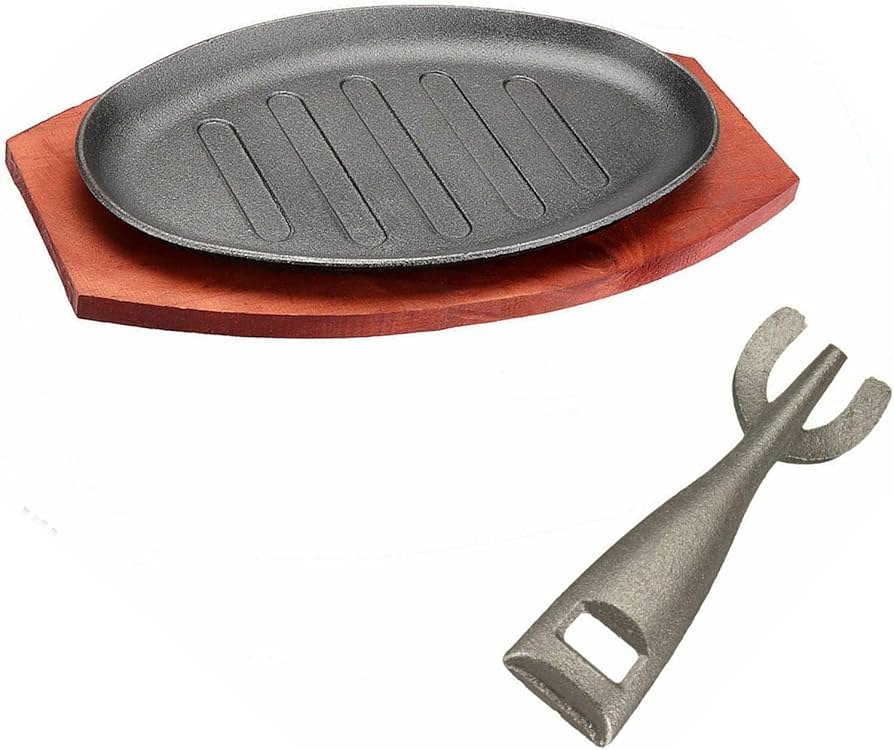 Cast Iron Sizzling Plate with Wooden Tray – 25x16cm Rectangular Hot Plate for Steaks, BBQ, Fajitas, and Grilling – Heavy-Duty Restaurant-Style Serving Dish