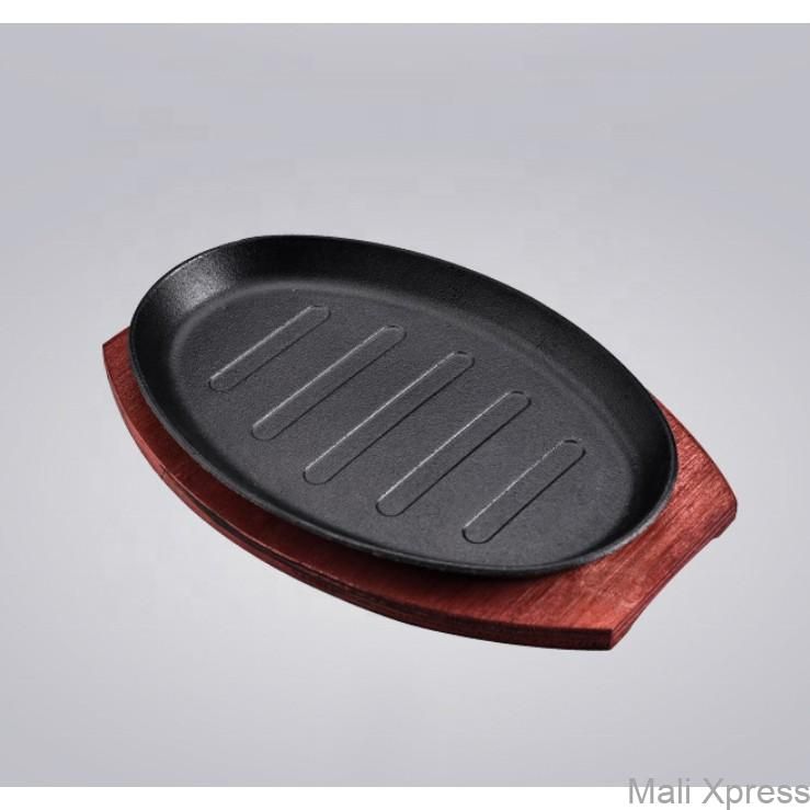 Cast Iron Sizzling Plate with Wooden Tray – 25x16cm Rectangular Hot Plate for Steaks, BBQ, Fajitas, and Grilling – Heavy-Duty Restaurant-Style Serving Dish