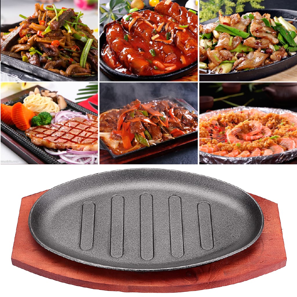 Cast Iron Sizzling Plate with Wooden Tray – 25x16cm Rectangular Hot Plate for Steaks, BBQ, Fajitas, and Grilling – Heavy-Duty Restaurant-Style Serving Dish