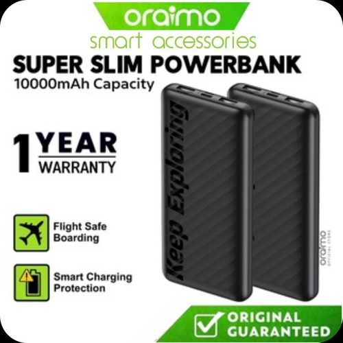 Oraimo 10000mAh SuperSlim Power Bank – 12W Fast Charging, 4 Outputs, Durable 5000-Bend Lifespan Cable – Portable Charger for Smartphones & Tablets – Ultra Slim Design