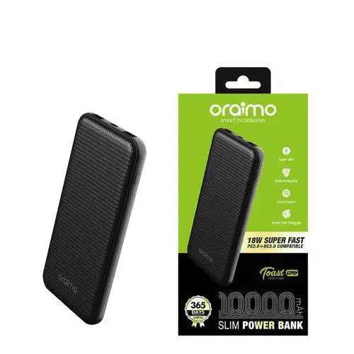 Oraimo 10000mAh SuperSlim Power Bank – 12W Fast Charging, 4 Outputs, Durable 5000-Bend Lifespan Cable – Portable Charger for Smartphones & Tablets – Ultra Slim Design