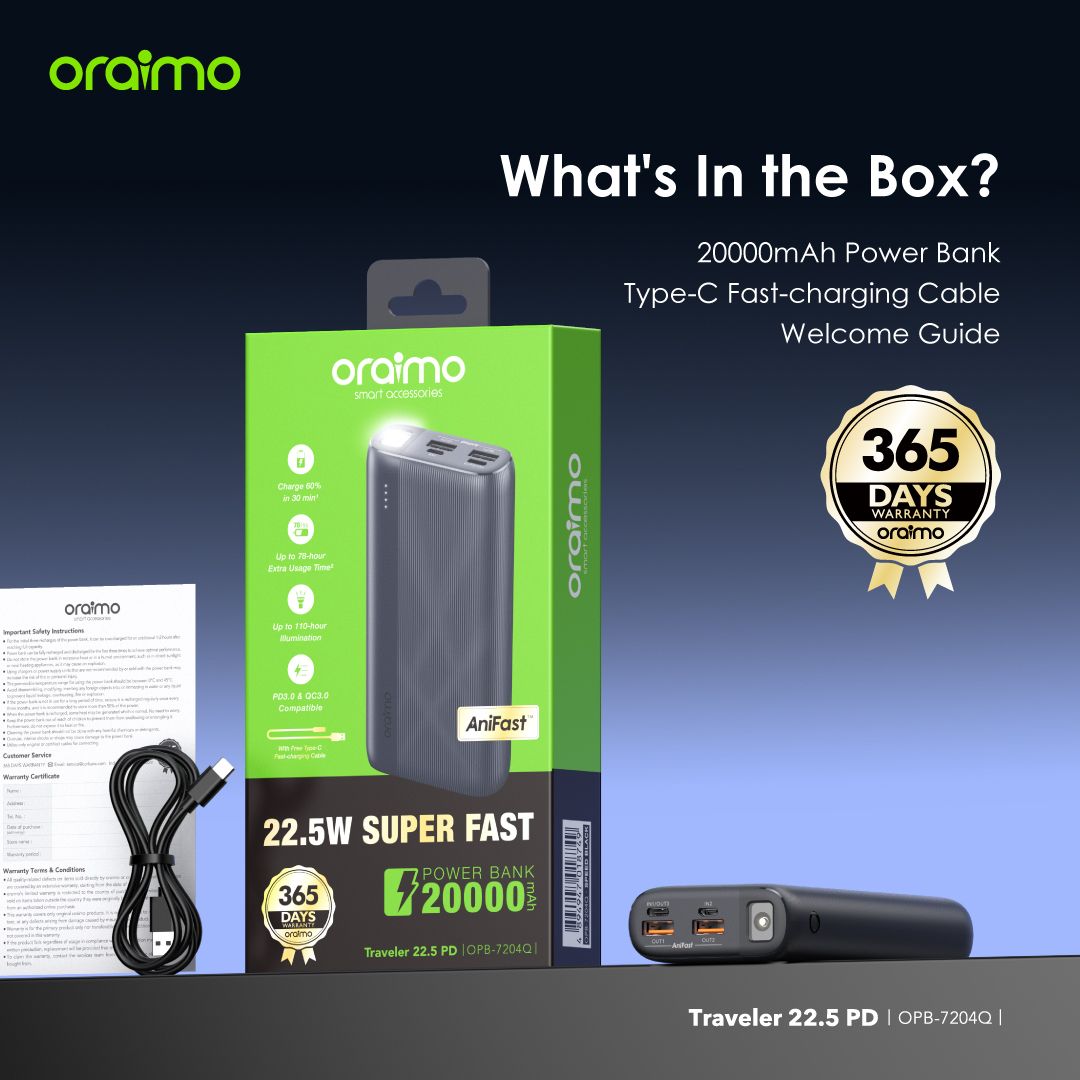 Oraimo 10000mAh SuperSlim Power Bank – 12W Fast Charging, 4 Outputs, Durable 5000-Bend Lifespan Cable – Portable Charger for Smartphones & Tablets – Ultra Slim Design