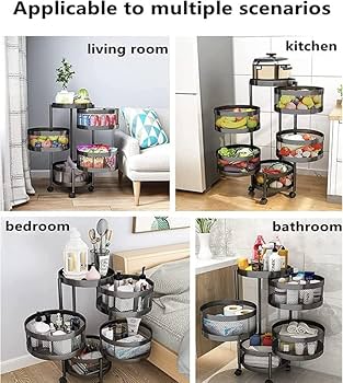 4-Tier Round Fruit & Vegetable Rack – Rotatable Metal Storage Stand with Wheels – Adjustable Height Multi-Purpose Organizer for Kitchen, Pantry, Bathroom & Living Room