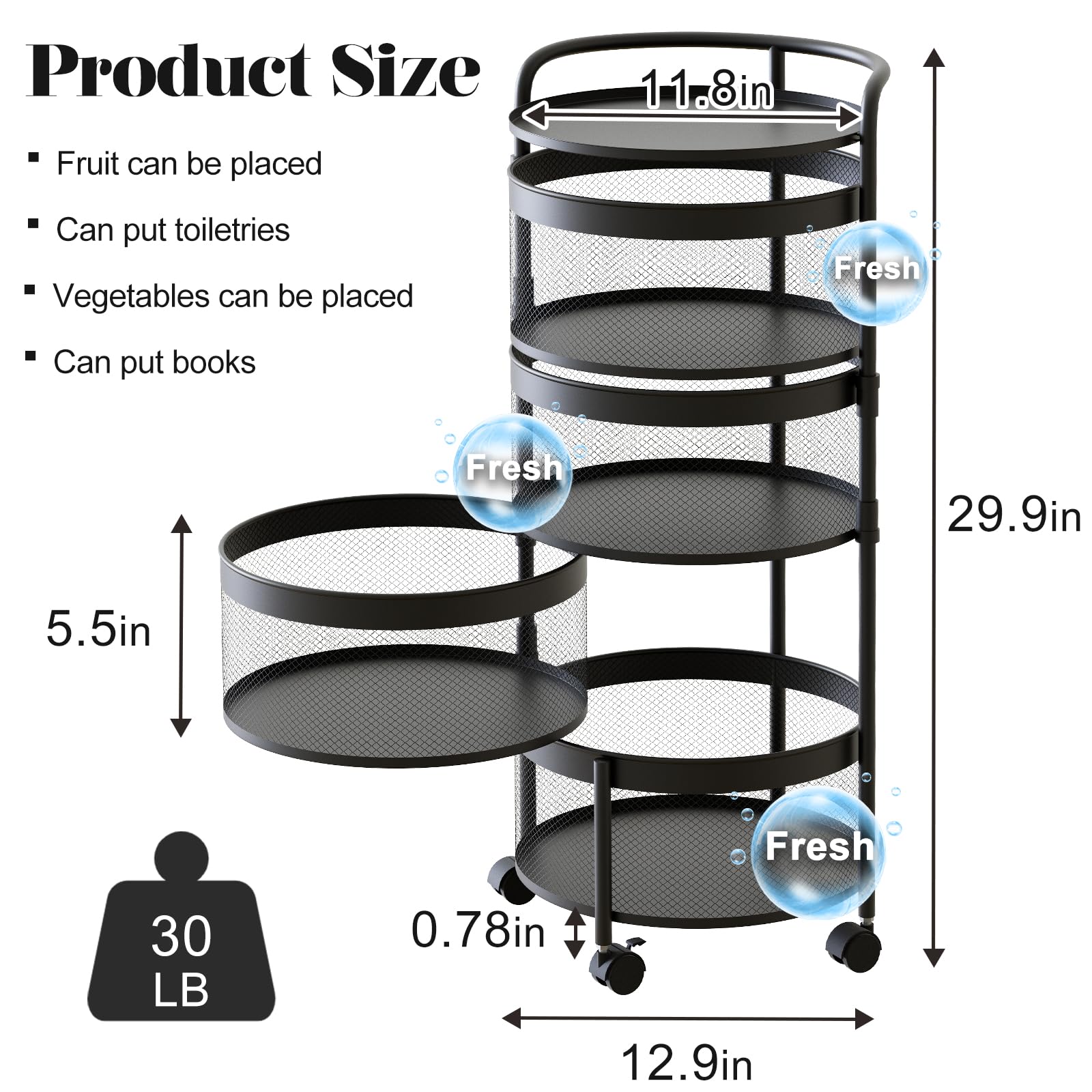 4-Tier Round Fruit & Vegetable Rack – Rotatable Metal Storage Stand with Wheels – Adjustable Height Multi-Purpose Organizer for Kitchen, Pantry, Bathroom & Living Room