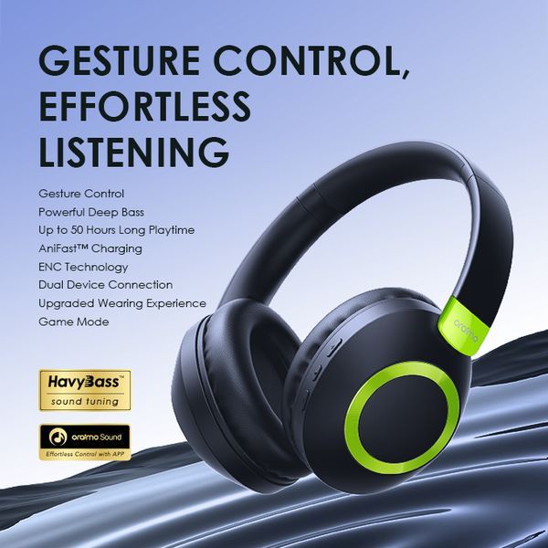 Oraimo BoomPop 2 OHP-610S ENC Wireless Over-Ear Headphones – 50Hr Battery | HavyBass™ Sound | Gesture Control | Noise Cancellation | Foldable Design – Original Headset