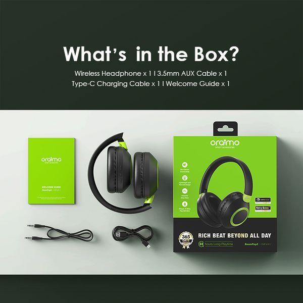 Oraimo BoomPop 2 OHP-610S ENC Wireless Over-Ear Headphones – 50Hr Battery | HavyBass™ Sound | Gesture Control | Noise Cancellation | Foldable Design – Original Headset