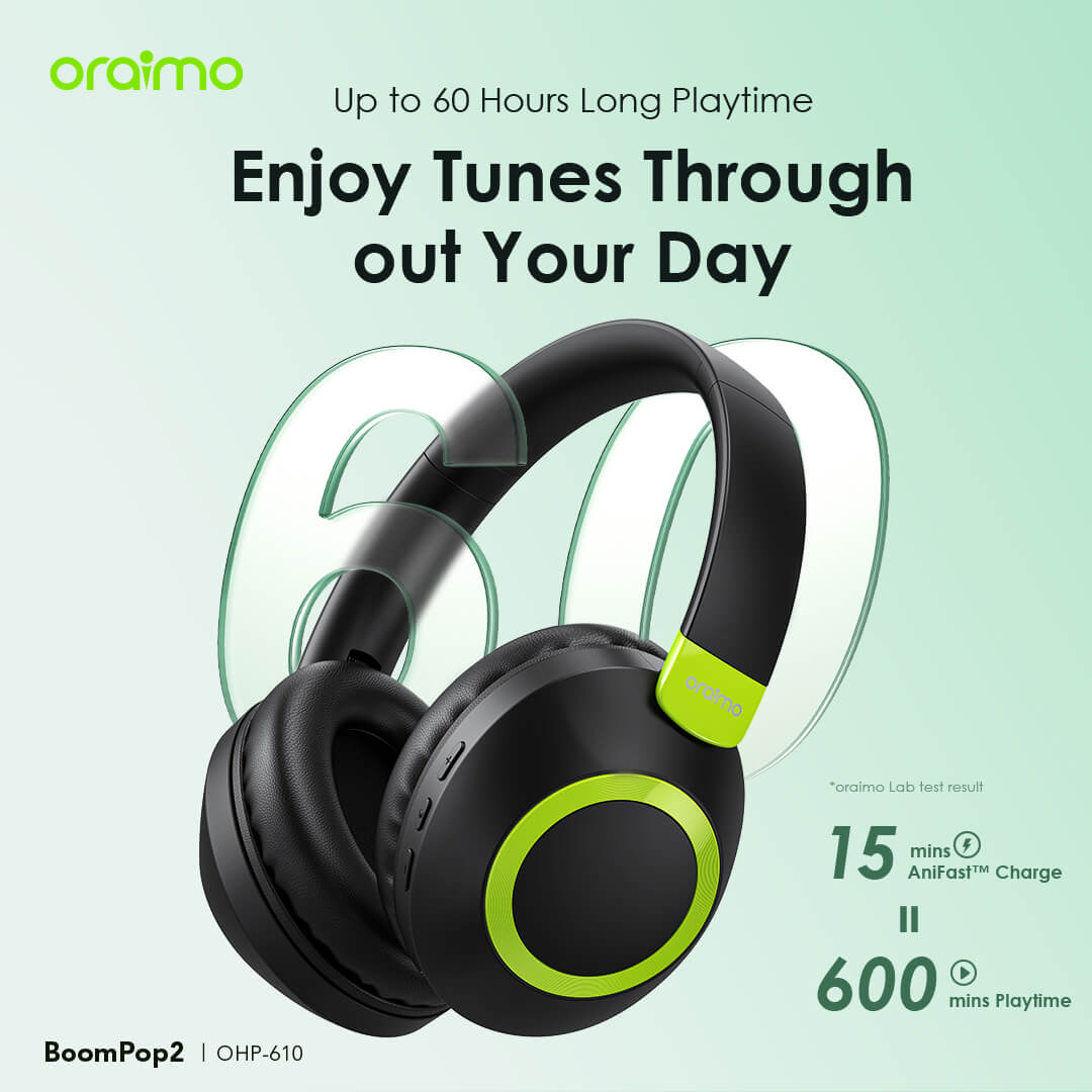 Oraimo BoomPop 2 OHP-610S ENC Wireless Over-Ear Headphones – 50Hr Battery | HavyBass™ Sound | Gesture Control | Noise Cancellation | Foldable Design – Original Headset