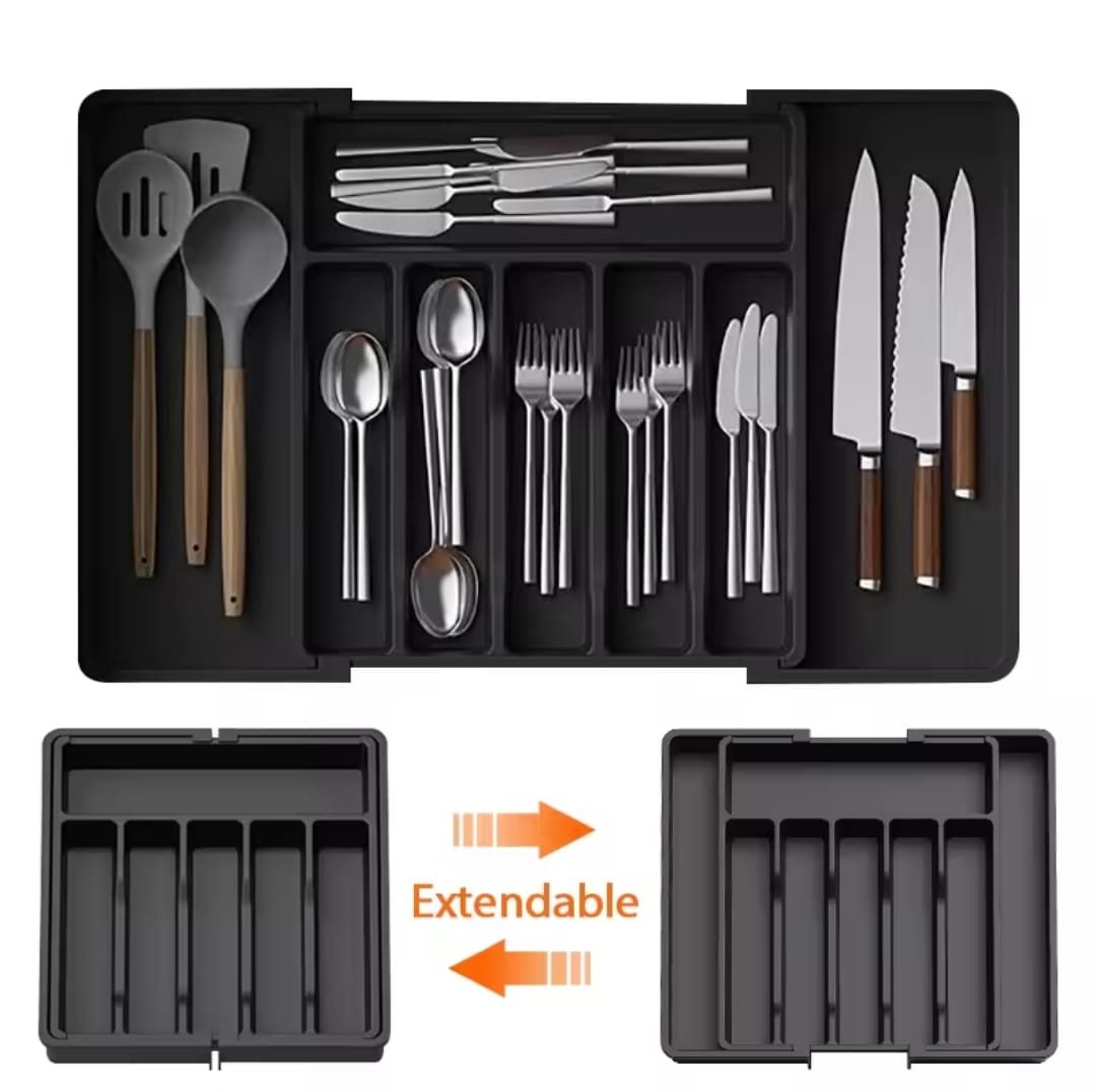 Expandable Cutlery Drawer Organizer – BPA-Free Hard Plastic Utensil Tray for Kitchen Drawers – Adjustable Design, Available in Grey, Black & White