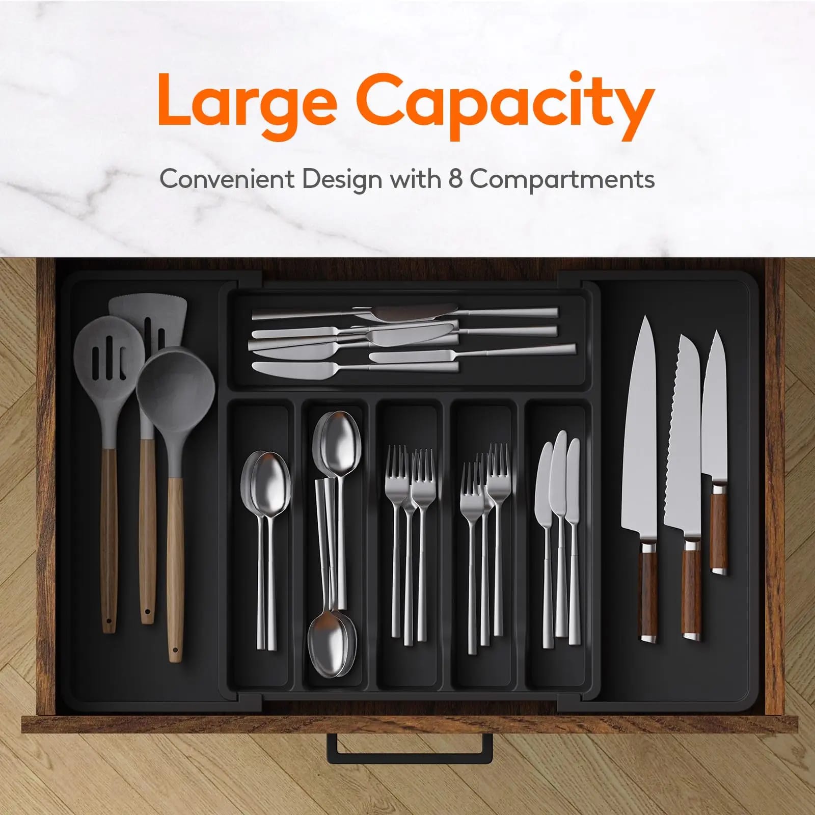 Expandable Cutlery Drawer Organizer – BPA-Free Hard Plastic Utensil Tray for Kitchen Drawers – Adjustable Design, Available in Grey, Black & White