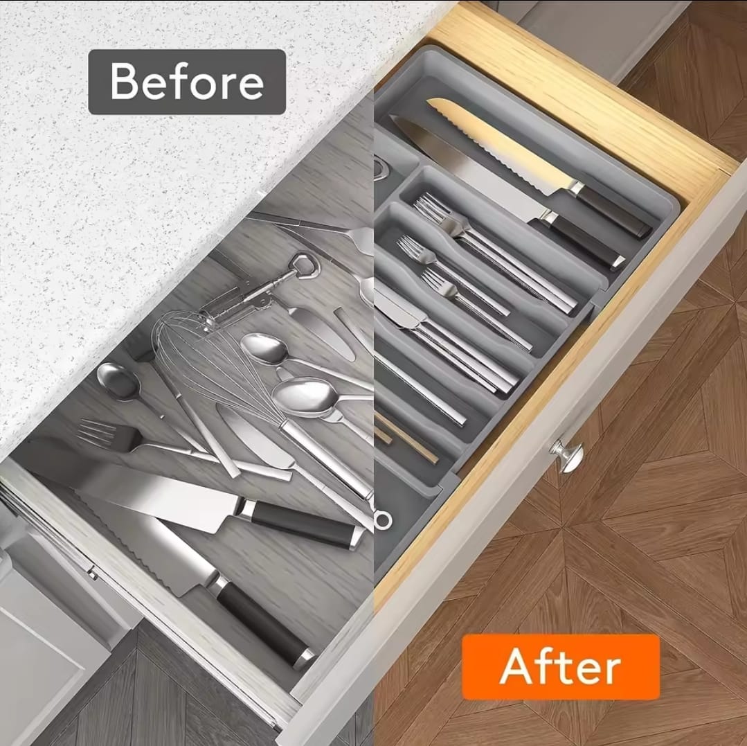 Expandable Cutlery Drawer Organizer – BPA-Free Hard Plastic Utensil Tray for Kitchen Drawers – Adjustable Design, Available in Grey, Black & White